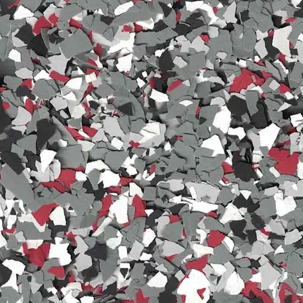 Fragmented pattern with scattered gray, red, black, and white pieces. Abstract composition resembling broken shards on a surface, creating a textured mosaic effect.
